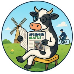 Uplengener Blattje-Kuh mit einer alten Windm�hle und einem Radfahrer im Hintergrund